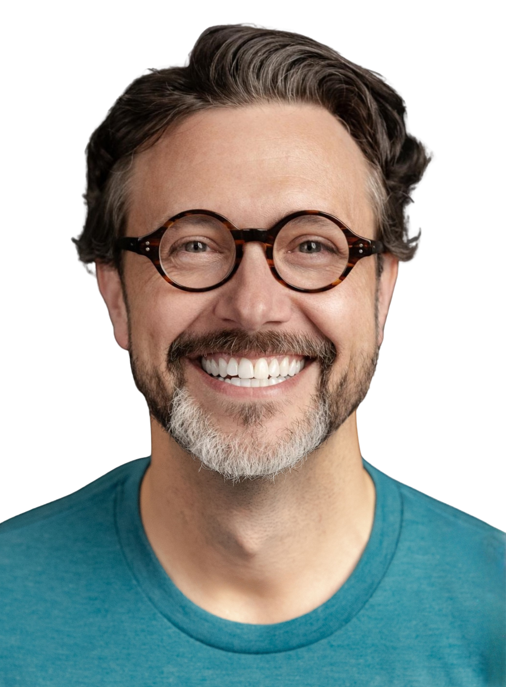 Charles LeFevre smiling, wearing round tortoiseshell glasses and a teal t-shirt